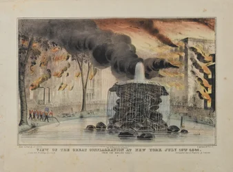 Ansicht des großen Brandes in New York am 10. Juli 1845, vom Bowling Green, veröffentlicht von N. Currier, 1845